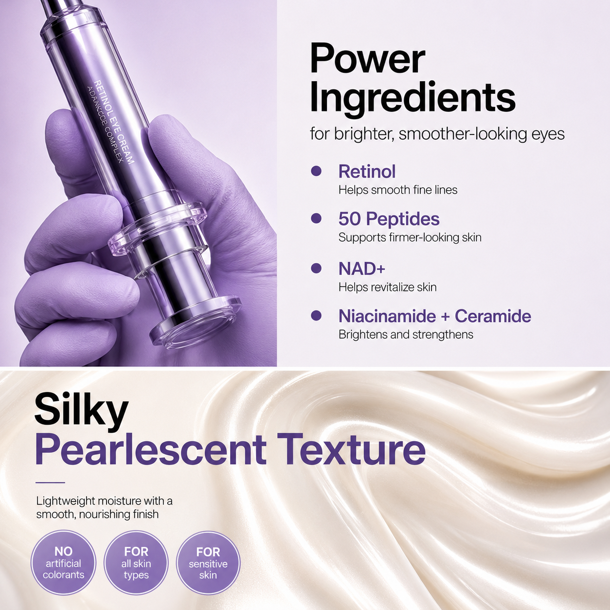 NAD+ Retinol Volumizing Eye Cream – Targets Dark Circles, Puffiness, Crow’s Feet & Fine Lines with 50 Peptides, 4% Niacinamide and Ceramide, 0.33 fl oz