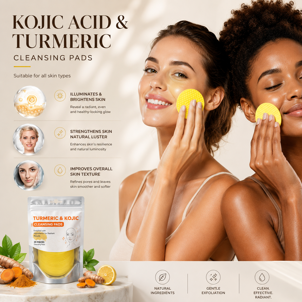Turmeric & Kojic Radiance Cleansing Pads – Gentle Facial Cleansing & Exfoliating Pads