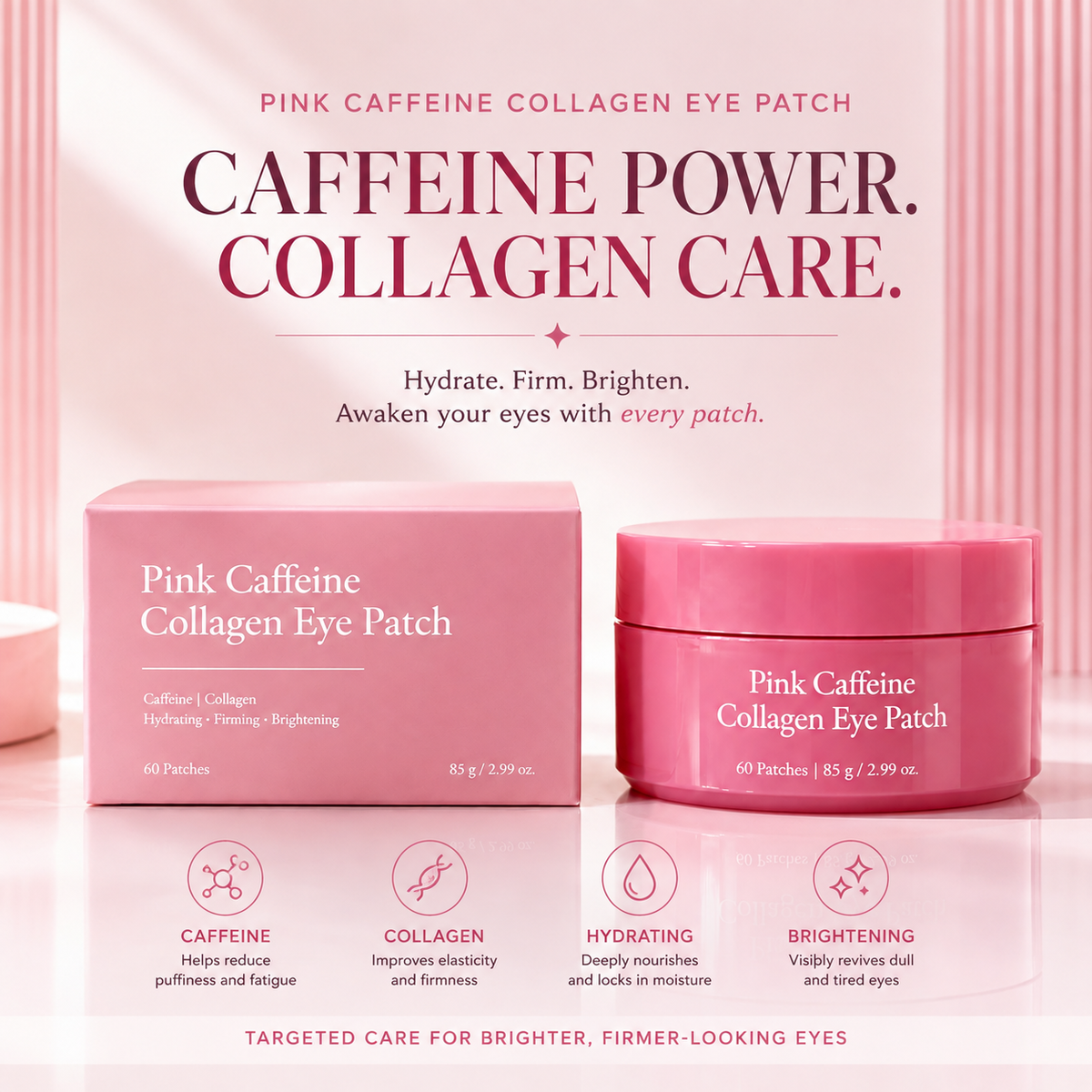 Pink Caffeine Collagen Eye Patches – Hydrating, Firming & Brightening Under Eye Masks
