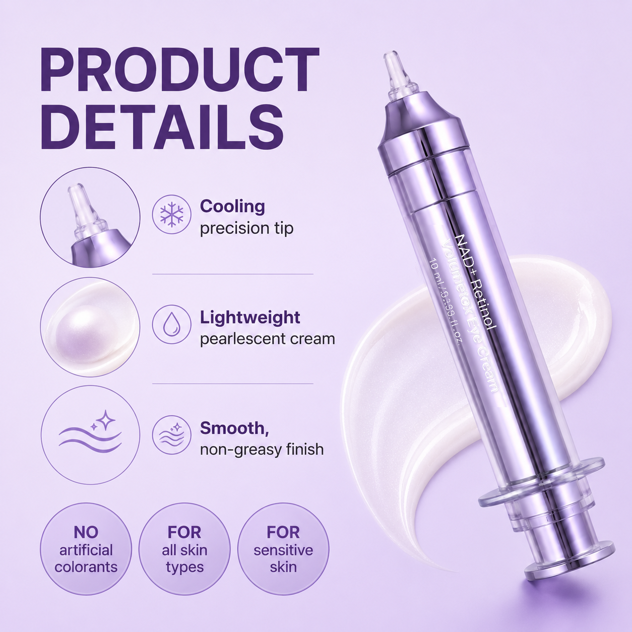 NAD+ Retinol Volumizing Eye Cream – Targets Dark Circles, Puffiness, Crow’s Feet & Fine Lines with 50 Peptides, 4% Niacinamide and Ceramide, 0.33 fl oz