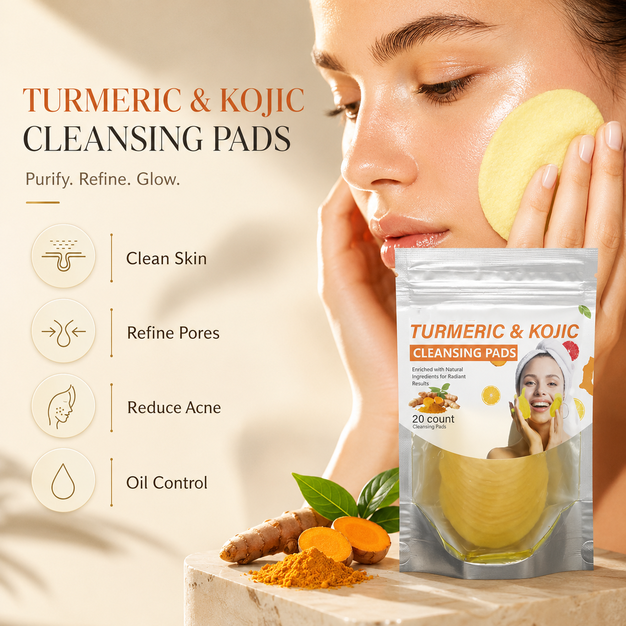 Turmeric & Kojic Radiance Cleansing Pads – Gentle Facial Cleansing & Exfoliating Pads