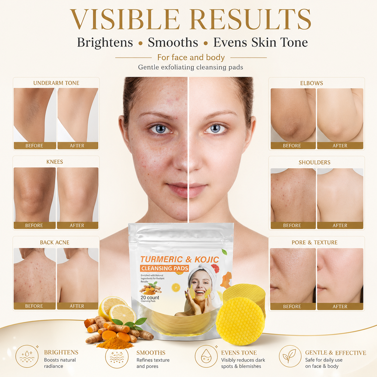 Turmeric & Kojic Radiance Cleansing Pads – Gentle Facial Cleansing & Exfoliating Pads