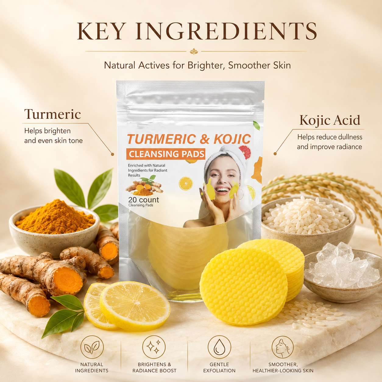 Turmeric & Kojic Radiance Cleansing Pads – Gentle Facial Cleansing & Exfoliating Pads